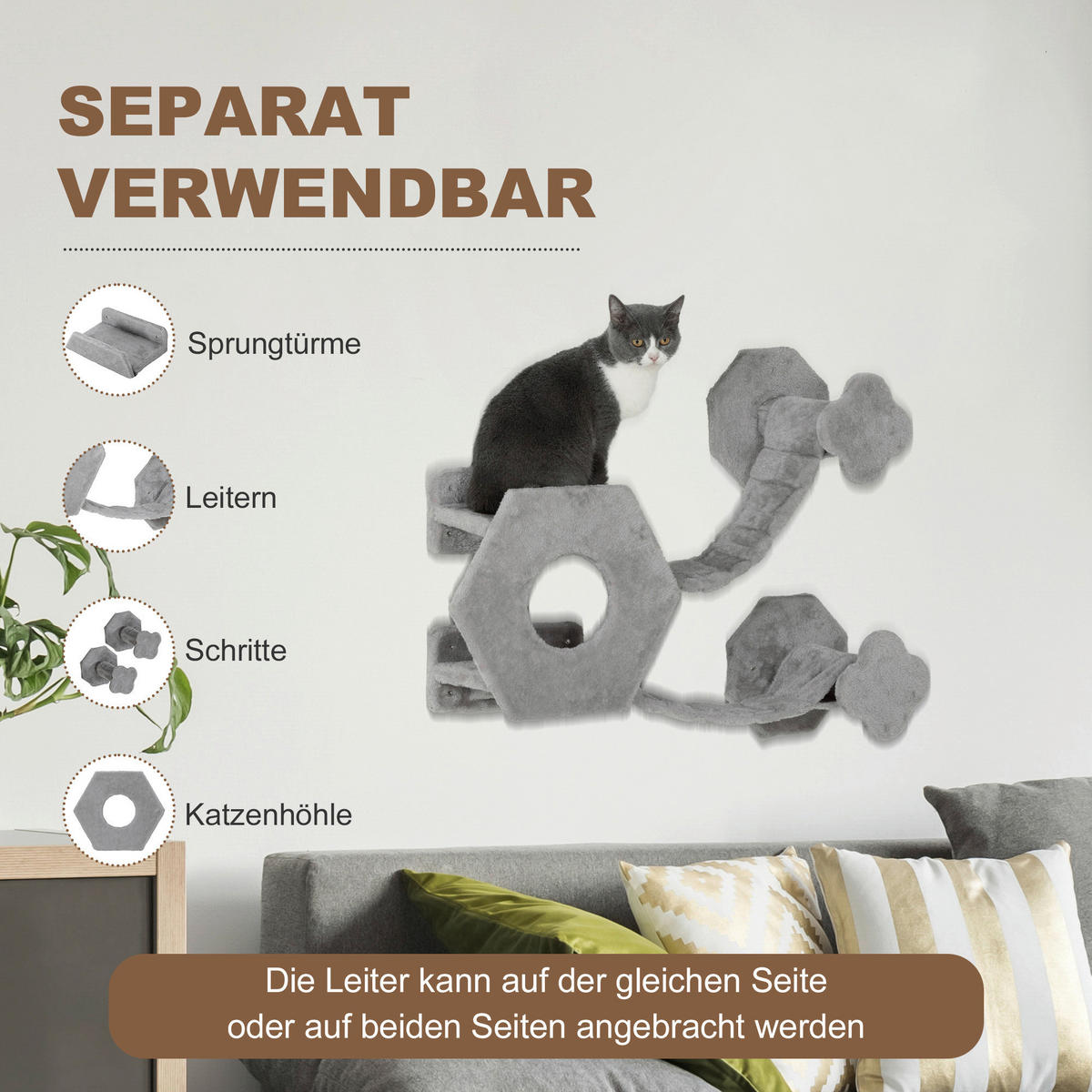 PawHut Katzen Kletterwand hellgrau Spanplatte B/H/L: ca. 30x38x154 cm Katzen Kletterwand - hellgrau (154,00/30,00/38,00cm) - PawHut