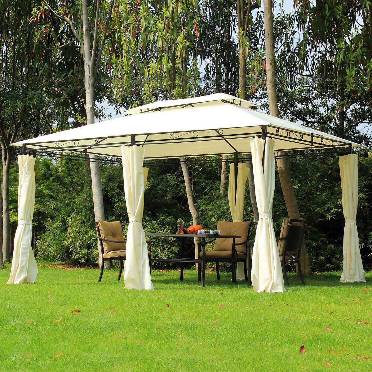 Outsunny Gartenpavillon creme Stahl B/H/L: ca. 300x265x400 cm Gartenpavillon_mit_Doppeldach - creme/schwarz (400,00/300,00/265,00cm) - Outsunny