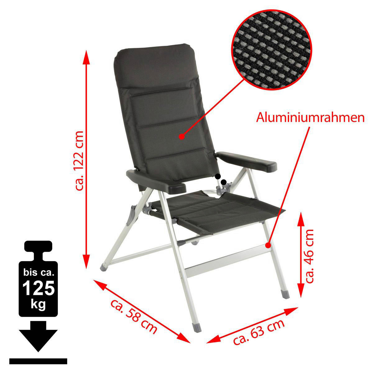 VCM Garten-Klappstuhl schwarz Polyester B/H/T: ca. 63x122x58 cm Klappstuhl_Hochlehner - hellgrau/schwarz (63,00/122,00/58,00cm) - VCM