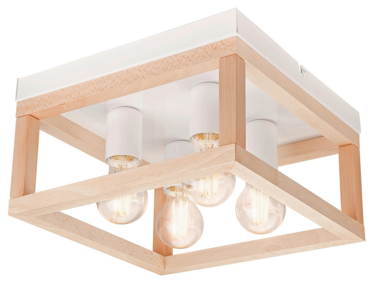 Lamkur Deckenleuchte VILLY 46020 natur weiß Holz Stahl H/L: ca. 17x30 cm E27 4 Brennstellen Villy - weiß/natur (30,00cm) - Lamkur