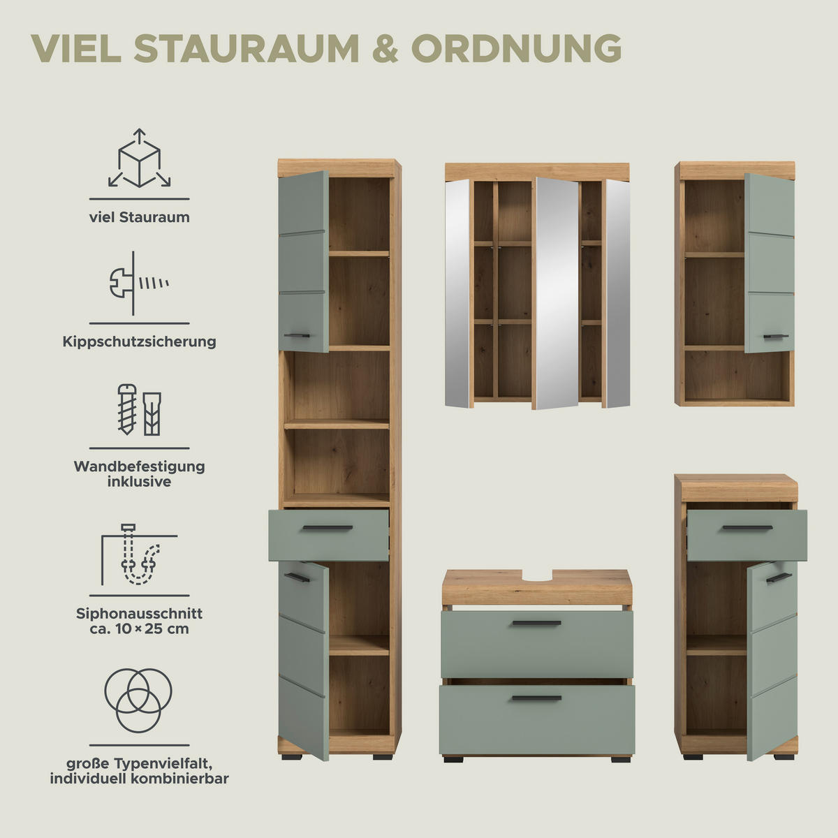 Badezimmer-Set Scout Eiche Artisan Nachbildung salbei Nachbildung B/H/T: ca. 164x191x37 cm Scout - Eiche/salbei (164,00/191,00/37,00cm) - xonox.home