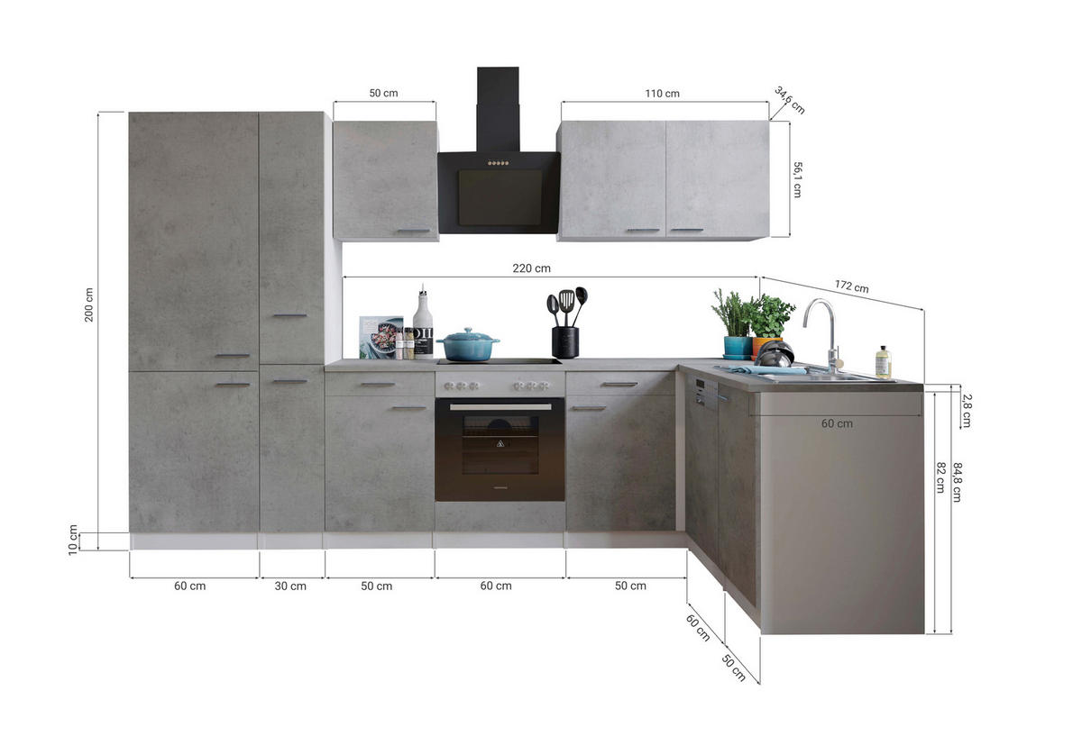 Respekta Winkelküche Malia Beton Optik B/H/T: ca. 310x200x172 cm Malia - Beton/weiß (310,00/200,00/172,00cm) - Respekta