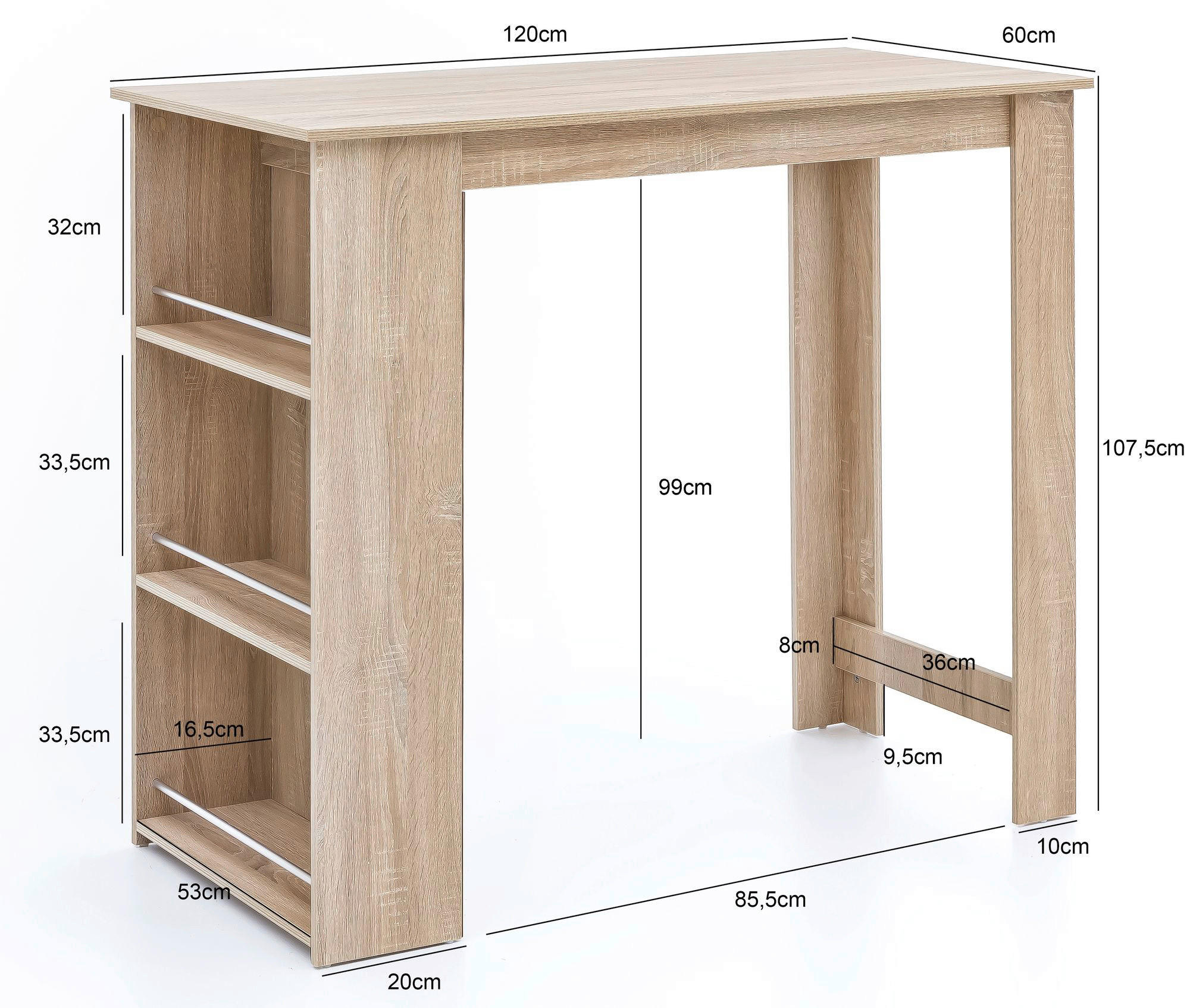 Bartisch Eiche Sonoma Nachbildung Holzwerkstoff B/H/T: ca. 120x107,5x60 cm Bartisch - Eiche (120,00/107,50/60,00cm) - Wohnling