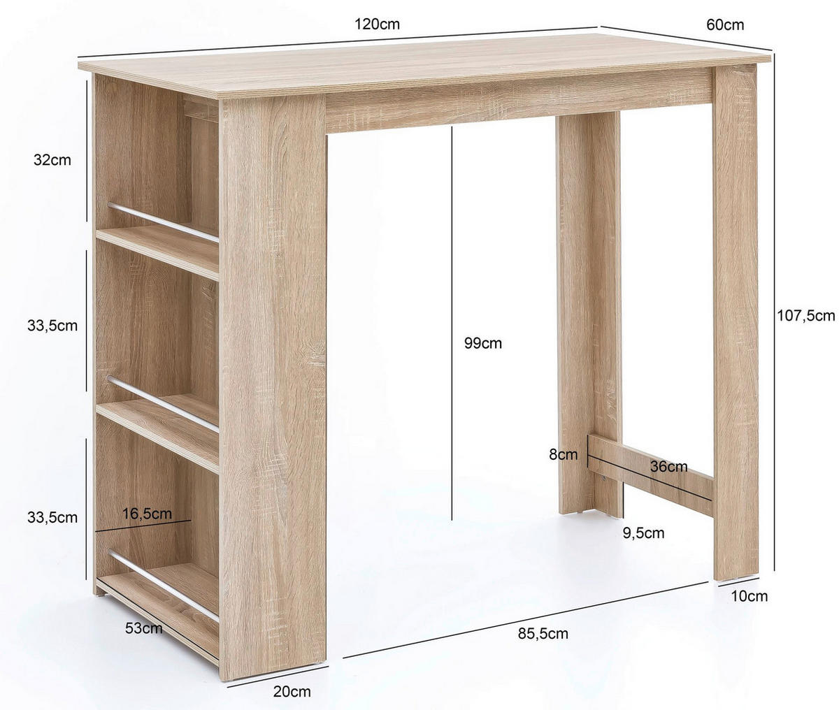 Bartisch Eiche Sonoma Nachbildung Holzwerkstoff B/H/T: ca. 120x107,5x60 cm Bartisch - Eiche (120,00/107,50/60,00cm) - Wohnling