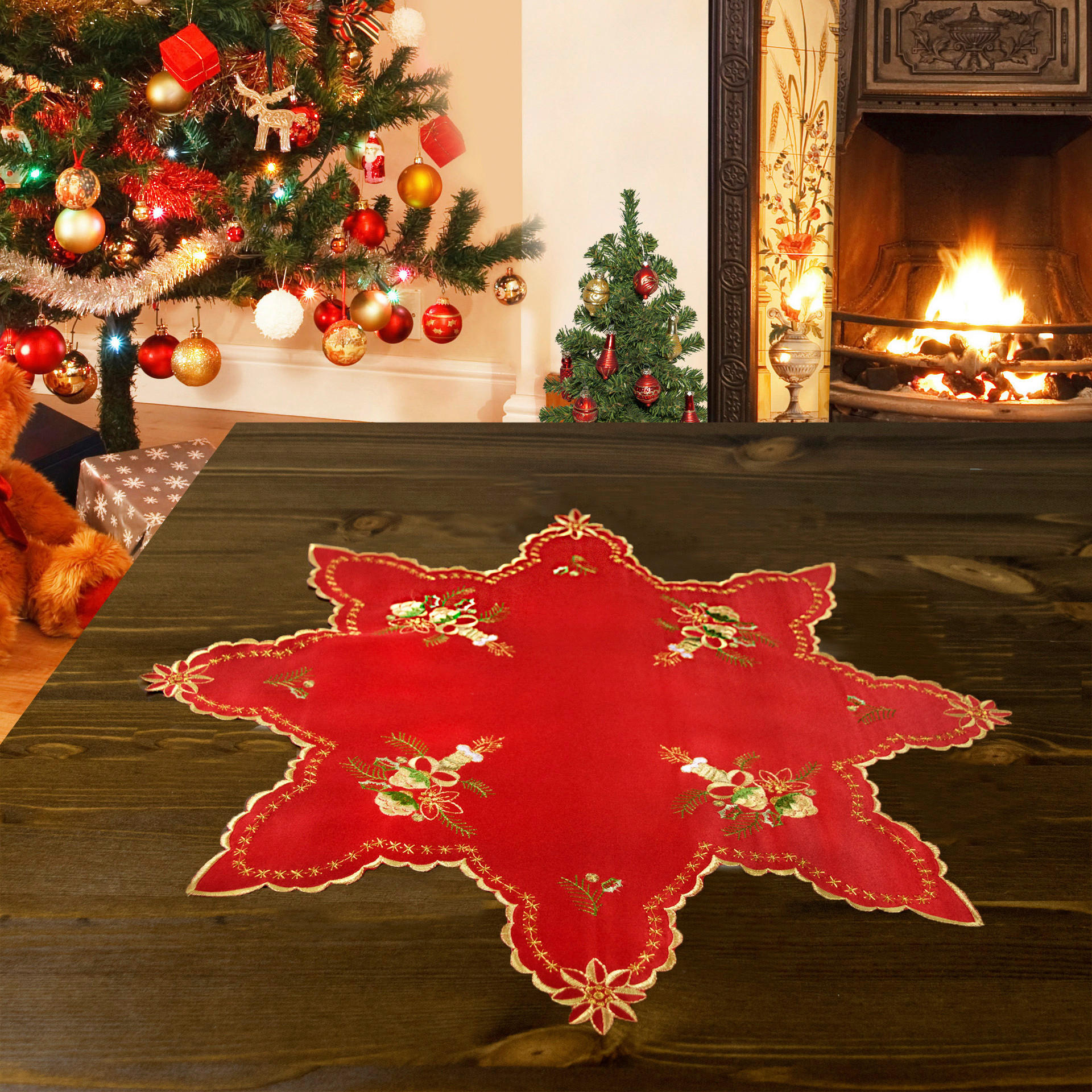 Deckchen Sterndeckchen Kerze 40cm rot - gold/rot (40,00cm)