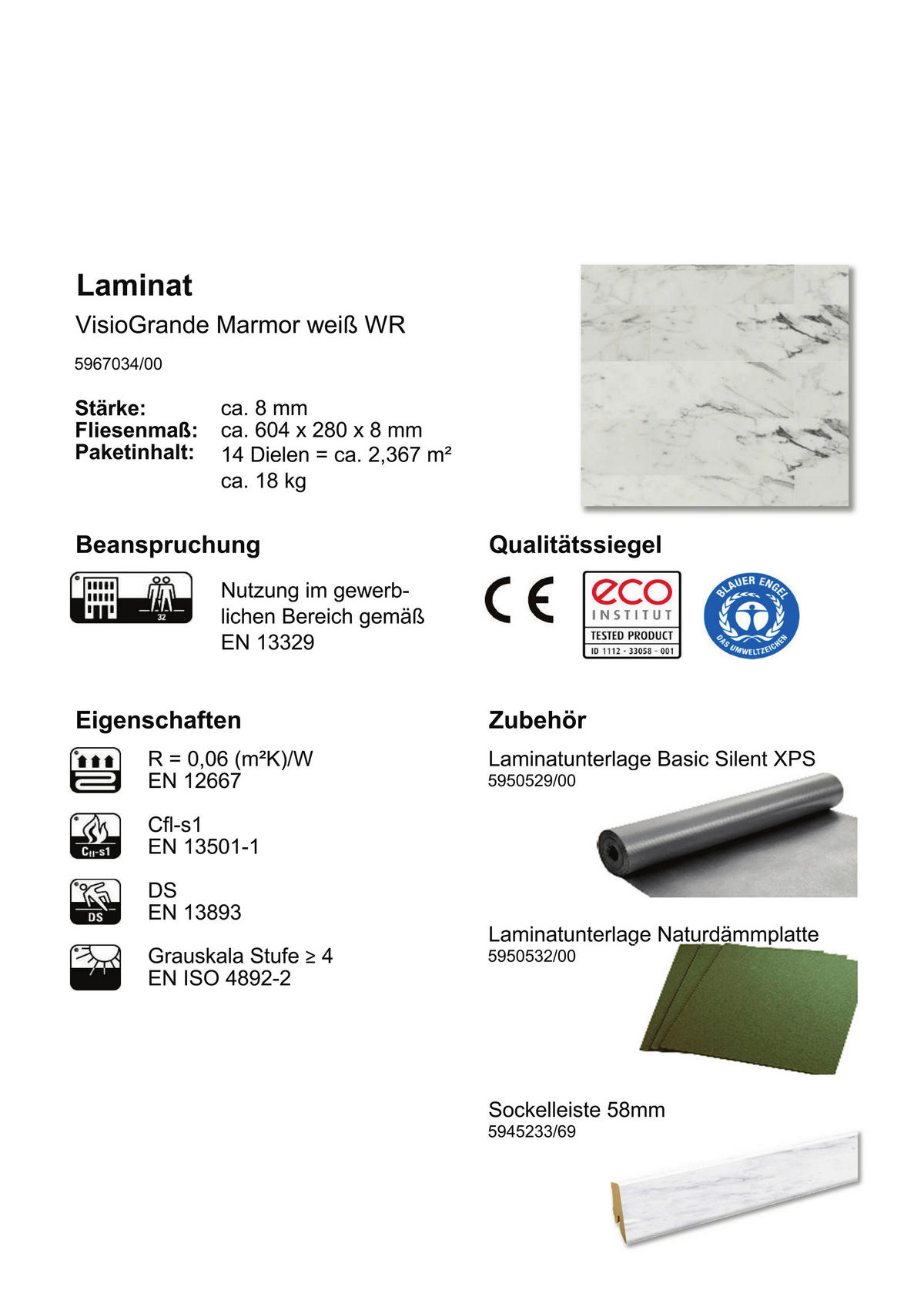 Visiogrande Laminatboden Marmor weiß ca. 2,367 m² im Paket  B/L: ca. 28x60,4 cm pro Paket Marmor weiß ca. 2,367 m² im Paket - weiß (28,00/60,40cm) - Visiogrande