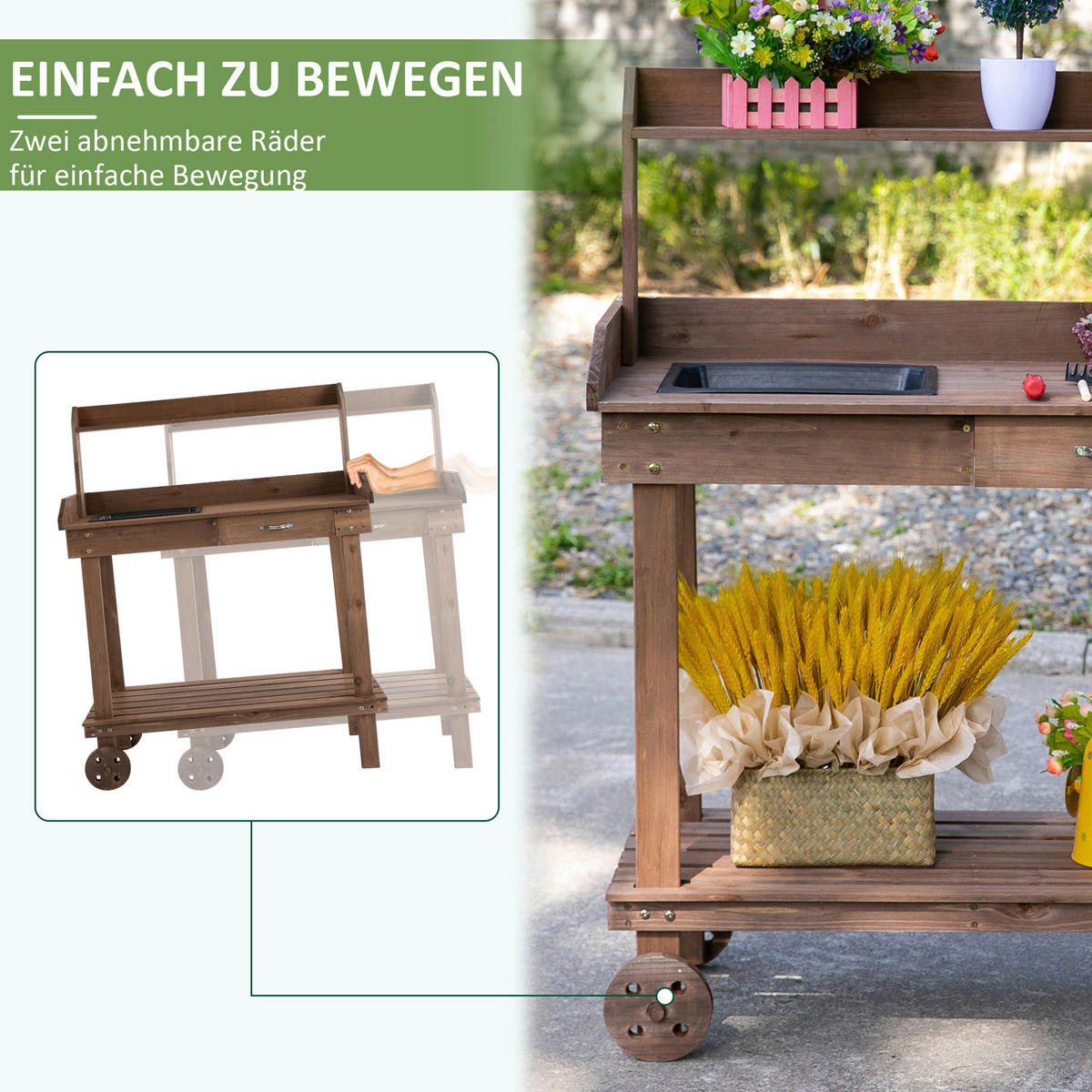 Outsunny Pflanztisch mit Rollen braun B/H/L: ca. 45x119x94 cm Gärtnertisch 845-460BN - braun (94,00/45,00/119,00cm) - Outsunny