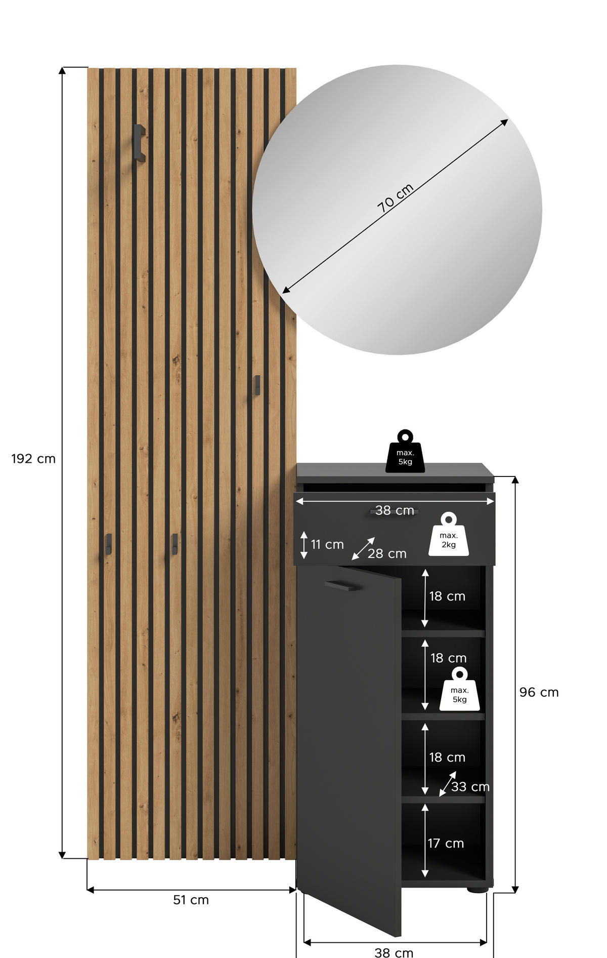 Garderobe Delton Basalt Eiche Artisan Nachbildung B/H/T: ca. 96x192x37 cm Delton - Eiche/Basalt (96,00/192,00/37,00cm) - xonox.home