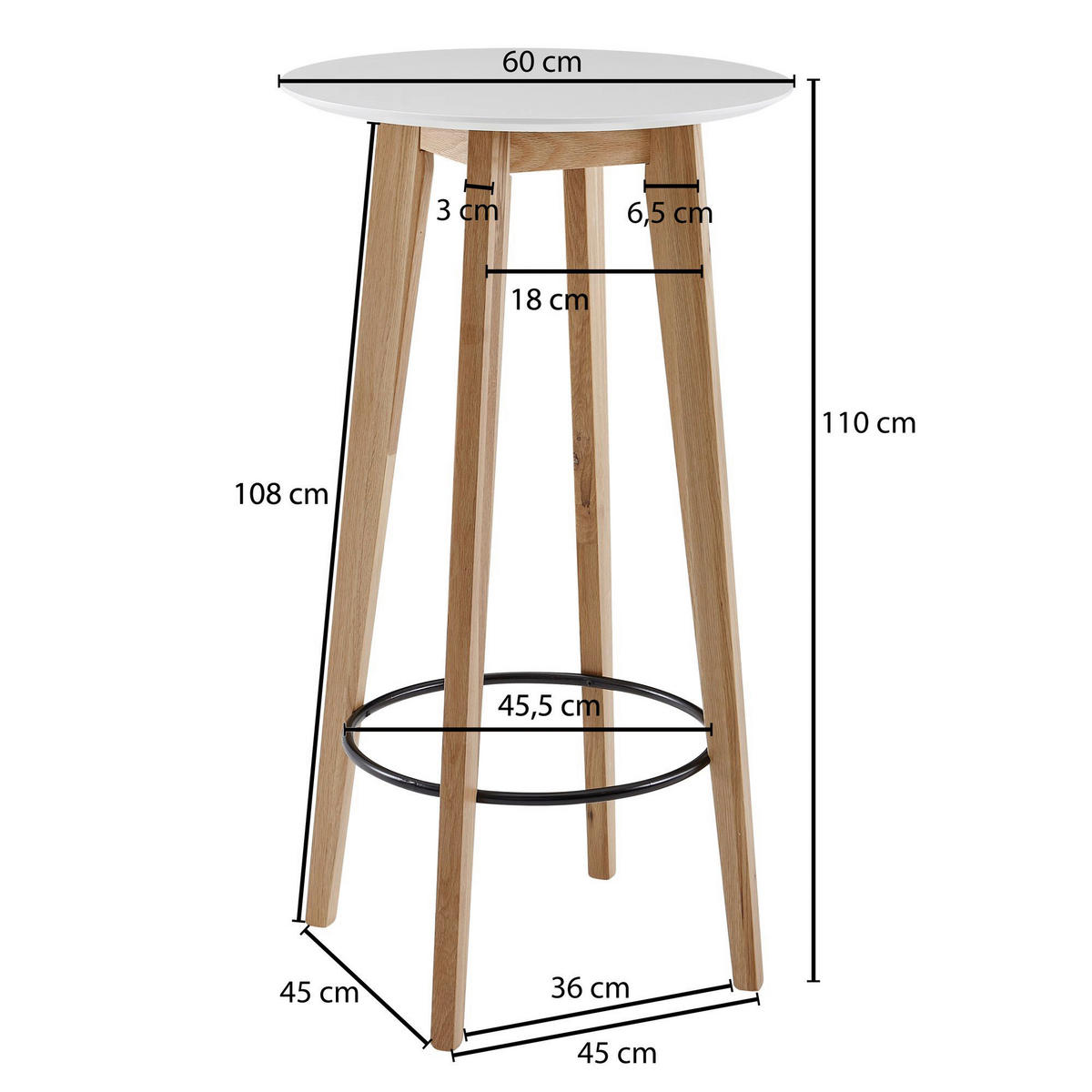 Bartisch weiß matt natur MDF B/H/T: ca. 60x110x60 cm Bartisch - weiß/natur (60,00/110,00/60,00cm) - Wohnling