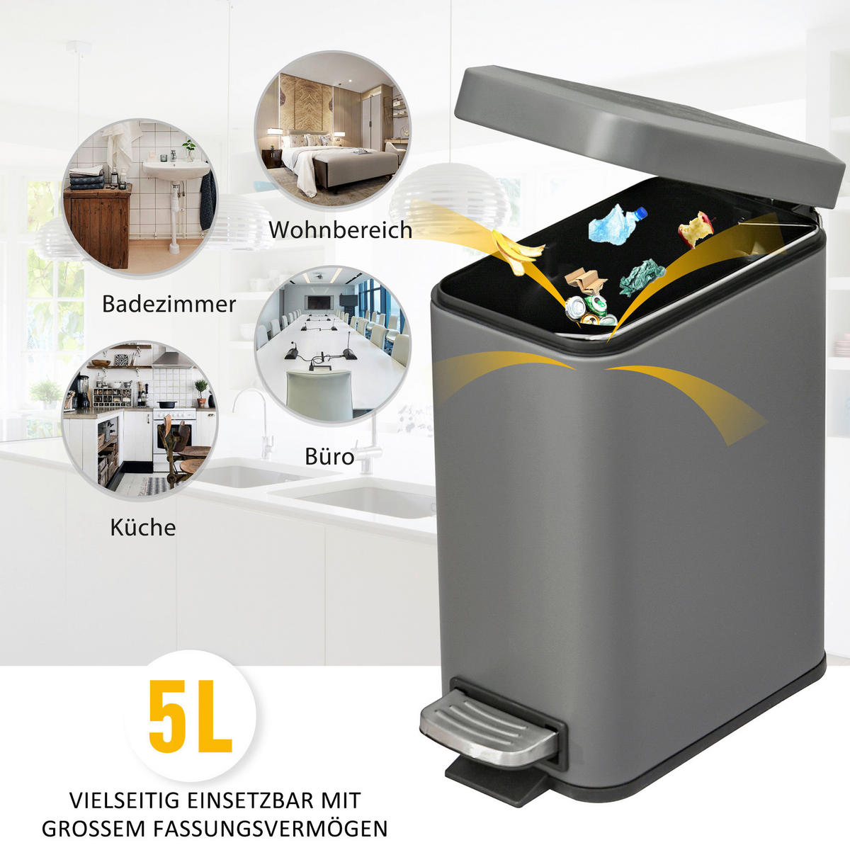 HOMCOM Mülleimer grau B/H/L: ca. 14x29,2x32 cm Mülleimer - grau (32,00/14,00/29,20cm) - HOMCOM