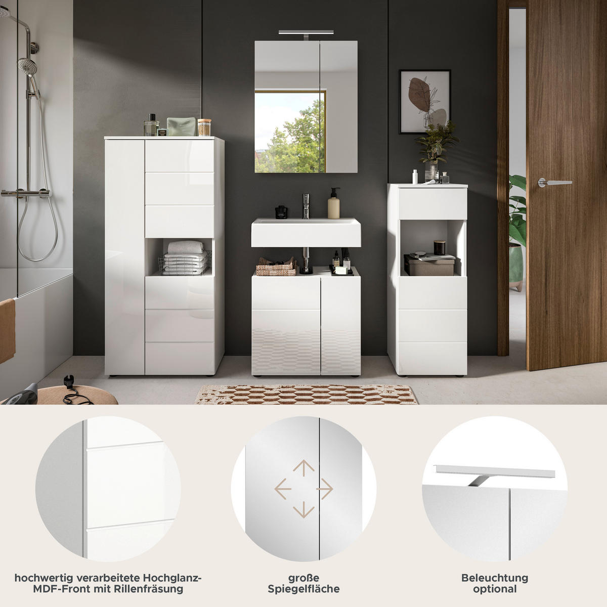 Badezimmer-Set VIRA weiß weiß Hochglanz B/H/T: ca. 188x190x34 cm VIRA - weiß (188,00/190,00/34,00cm) - xonox.home
