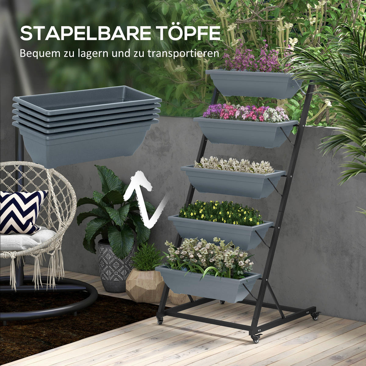 Outsunny Pflanzständer grau Polypropylen B/H/L: ca. 67x65x145 cm Blumenständer - grau (145,00/67,00/65,00cm) - Outsunny