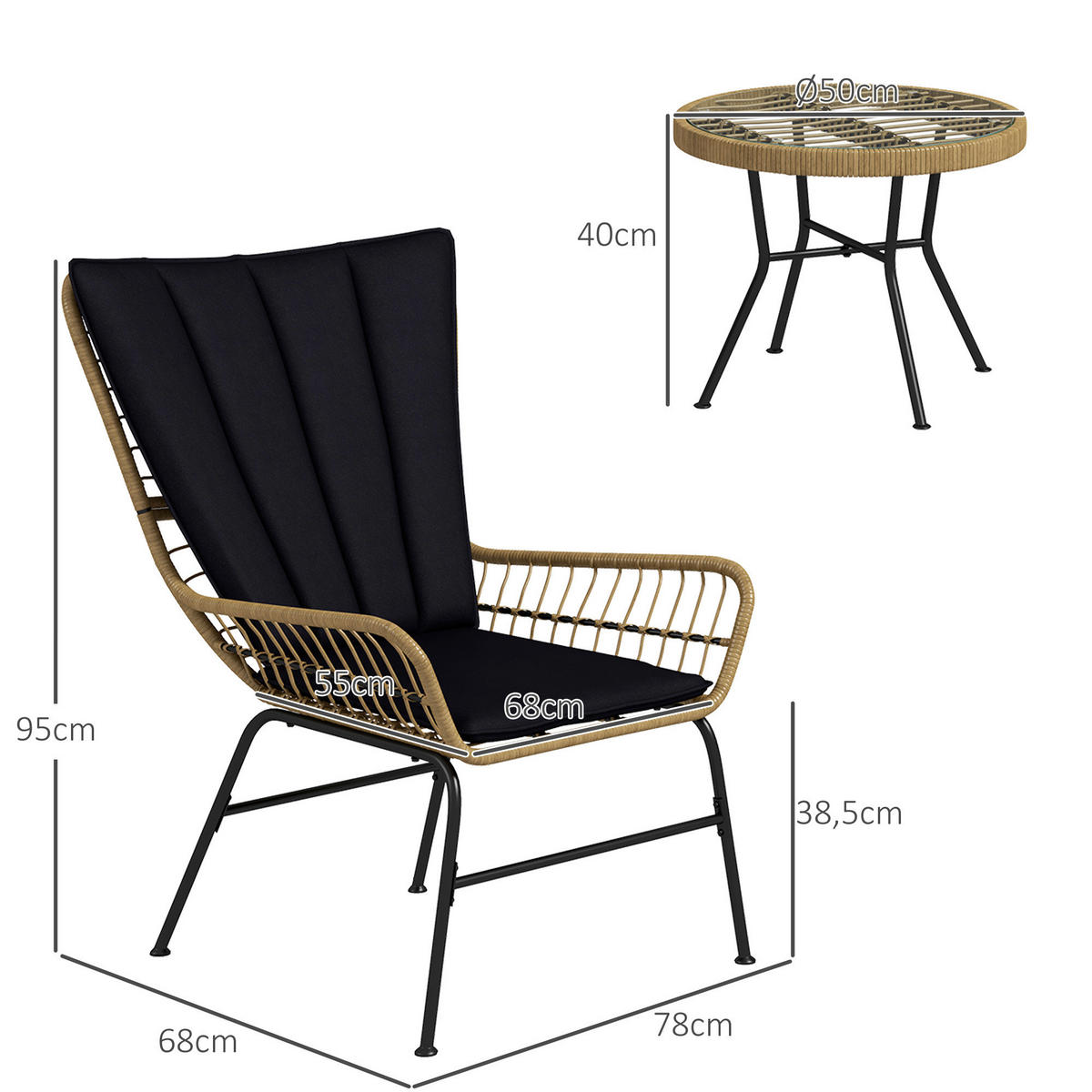 Outsunny Bistro-Set schwarz Polyrattan B/H/L: ca. 68x95x78 cm Bistro-Set - schwarz (78,00/68,00/95,00cm) - Outsunny