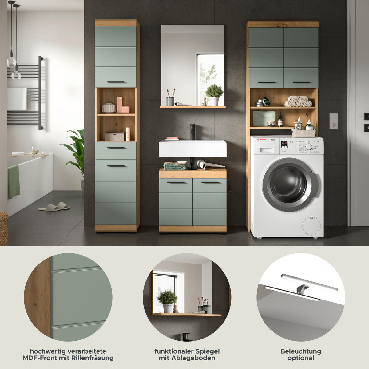 Badezimmer-Set Scout Eiche Artisan Nachbildung salbei Nachbildung B/H/T: ca. 190x191x34 cm Scout - Eiche/salbei (190,00/191,00/34,00cm) - xonox.home