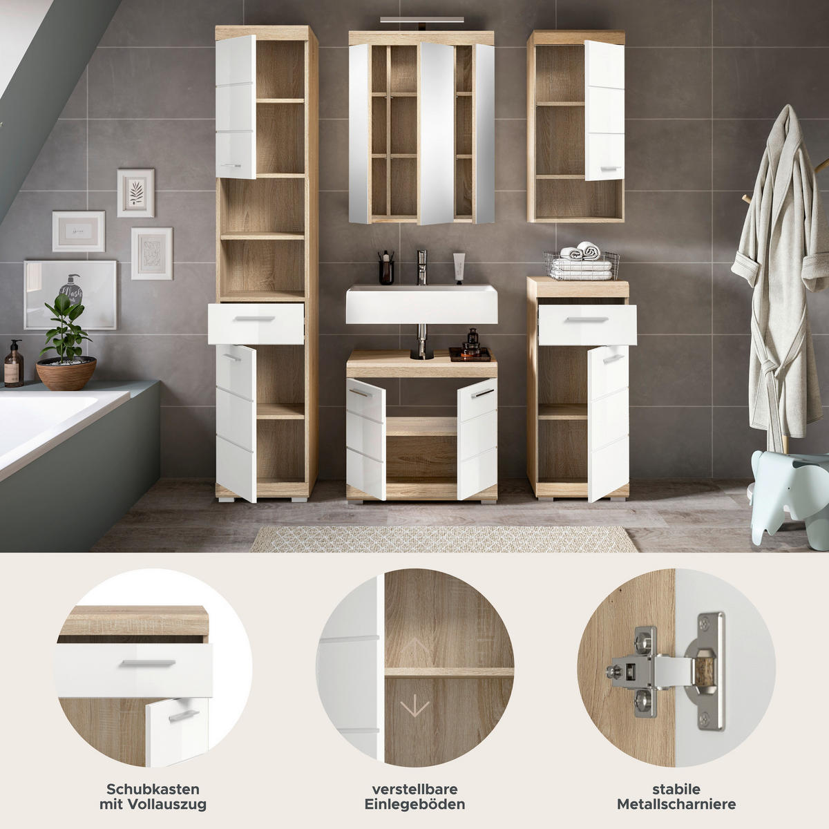 Badezimmer-Set Lambada Eiche Sonoma Nachbildung weiß Hochglanz B/H/T: ca. 164x191x34 cm Lambada - Eiche/weiß (164,00/191,00/34,00cm) - xonox.home