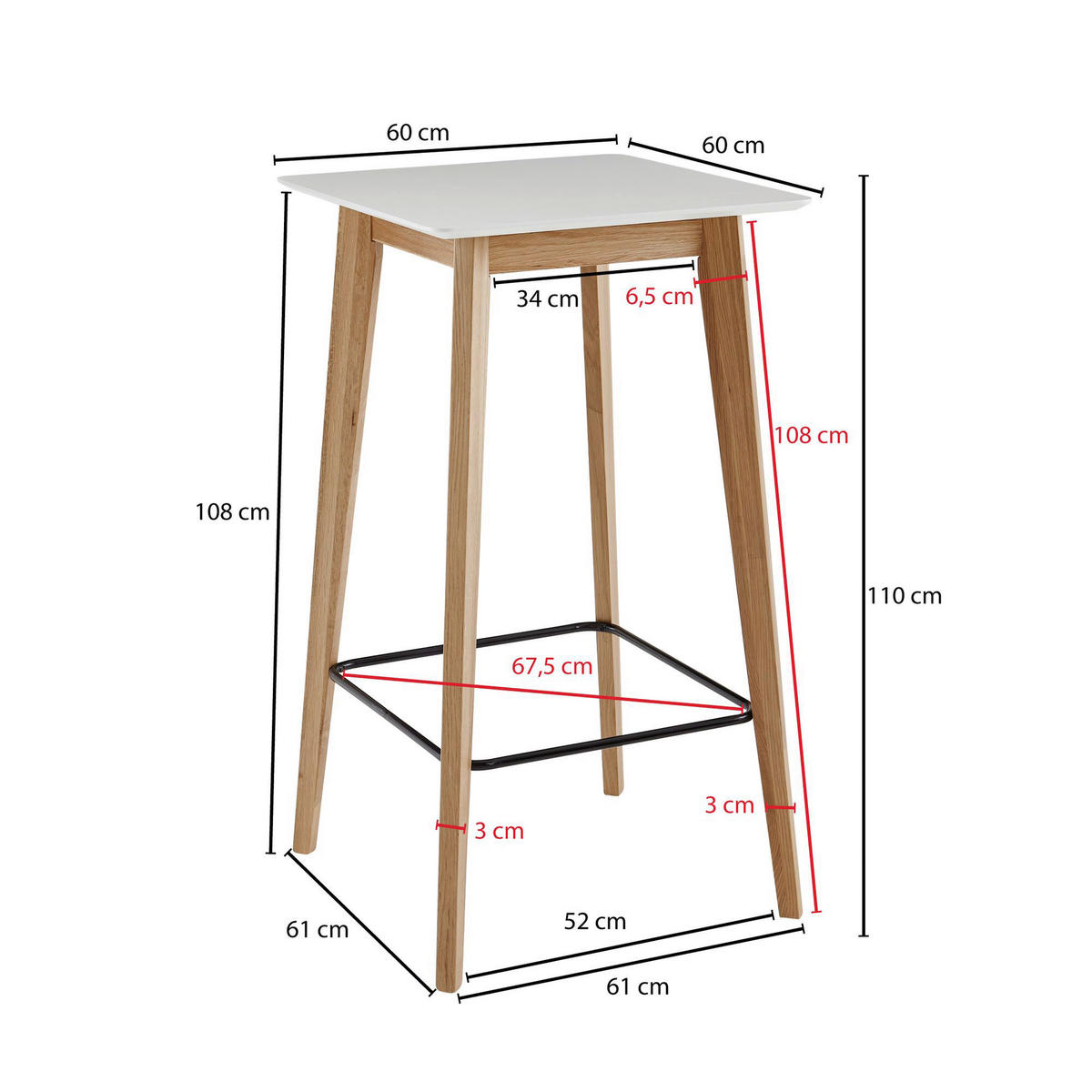 Bartisch weiß natur MDF B/H/T: ca. 60x110x60 cm Bartisch - weiß/natur (60,00/110,00/60,00cm) - Wohnling