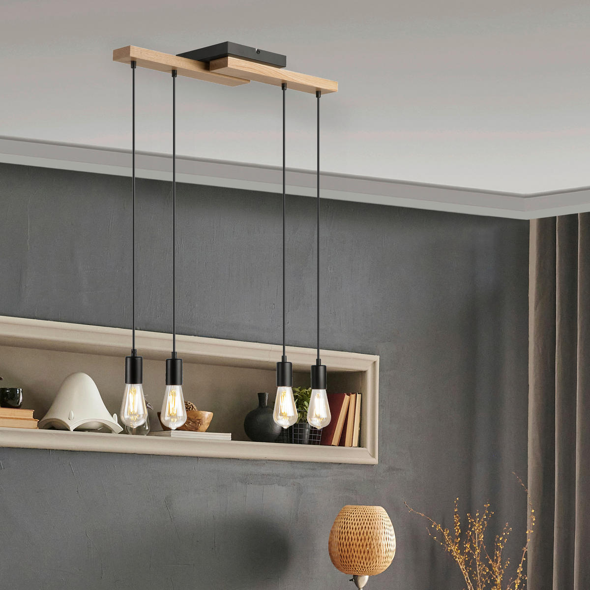 Lamkur Pendelleuchte schwarz Holz B/H/L: ca. 20x86x64 cm E27 4 Brennstellen CORTINA - schwarz (64,00/20,00/86,00cm) - Lamkur