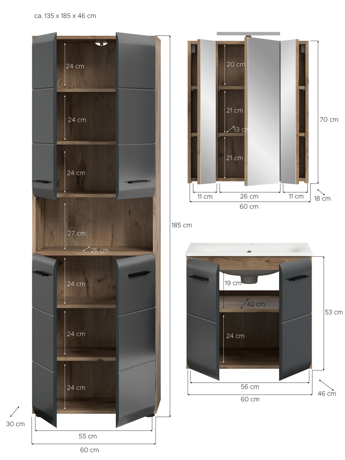 Badezimmer-Set Ice Nox Oak Nachbildung schwarz matt B/H/T: ca. 135x185x46 cm Ice - schwarz (135,00/185,00/46,00cm) - xonox.home