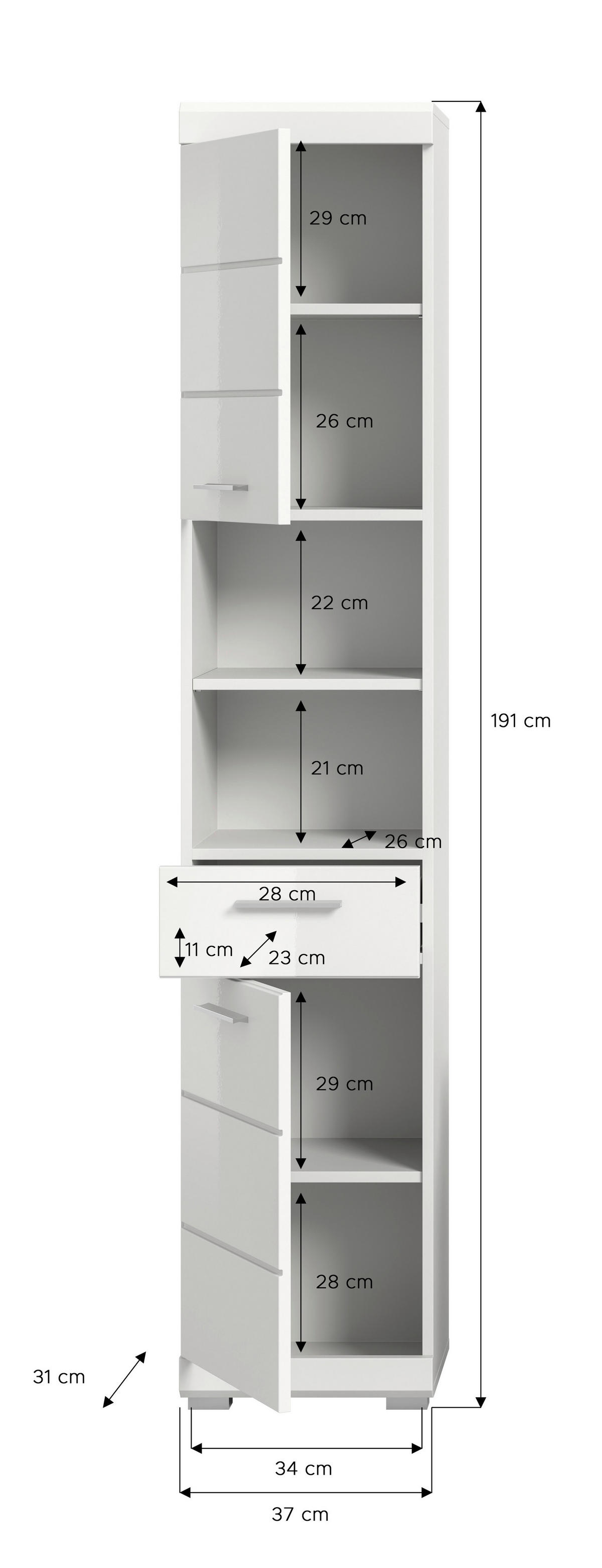 Badhochschrank Scout weiß weiß Hochglanz B/H/T: ca. 37x191x31 cm Scout - weiß (37,00/191,00/31,00cm) - xonox.home