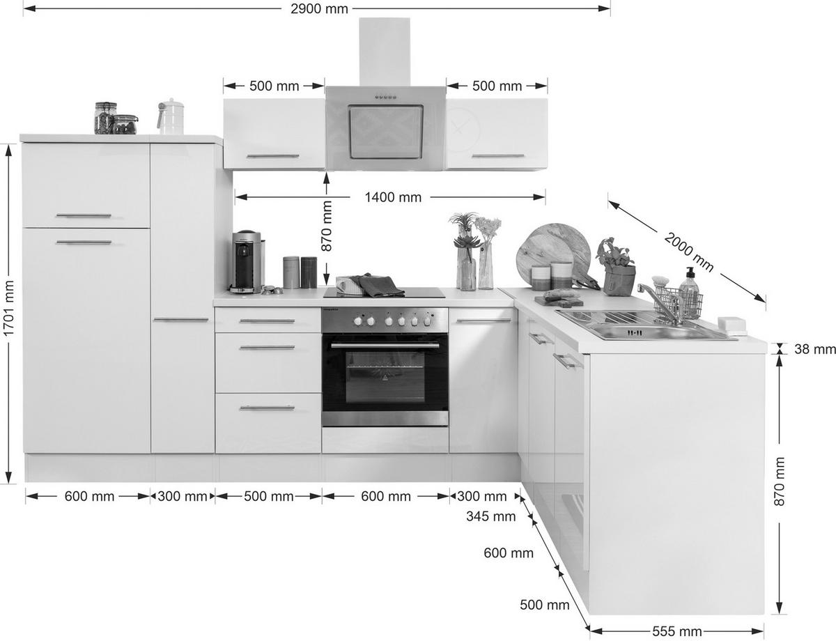 Respekta Winkelküche Amanda weiß Hochglanz B/T/L: ca. 290x60x200 cm Amanda - weiß/Edelstahloptik (290,00/200,00cm) - Respekta