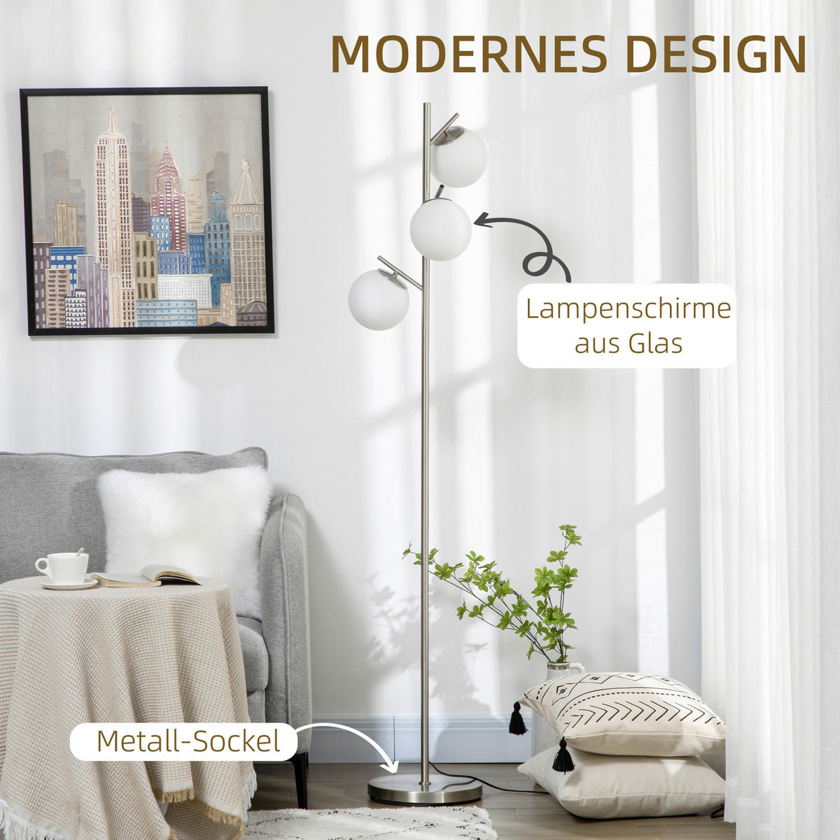 HOMCOM Stehleuchte B31-319V90SR Stehleuchte - silber (169,00/27,00/27,00cm) - HOMCOM