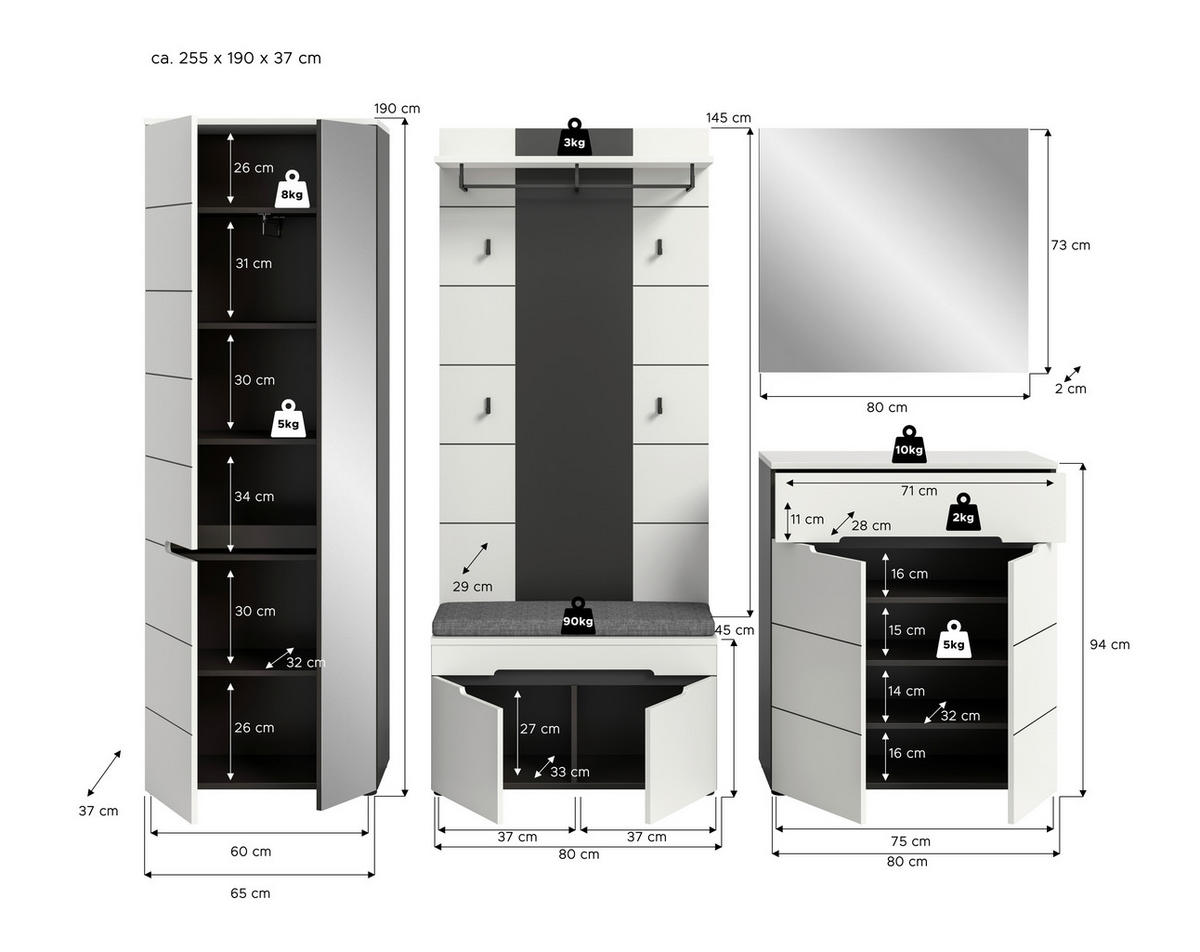 Garderobe Canu basaltgrau Nachbildung weiß B/H/T: ca. 255x190x37 cm Canu - weiß/basaltgrau (255,00/190,00/37,00cm) - xonox.home