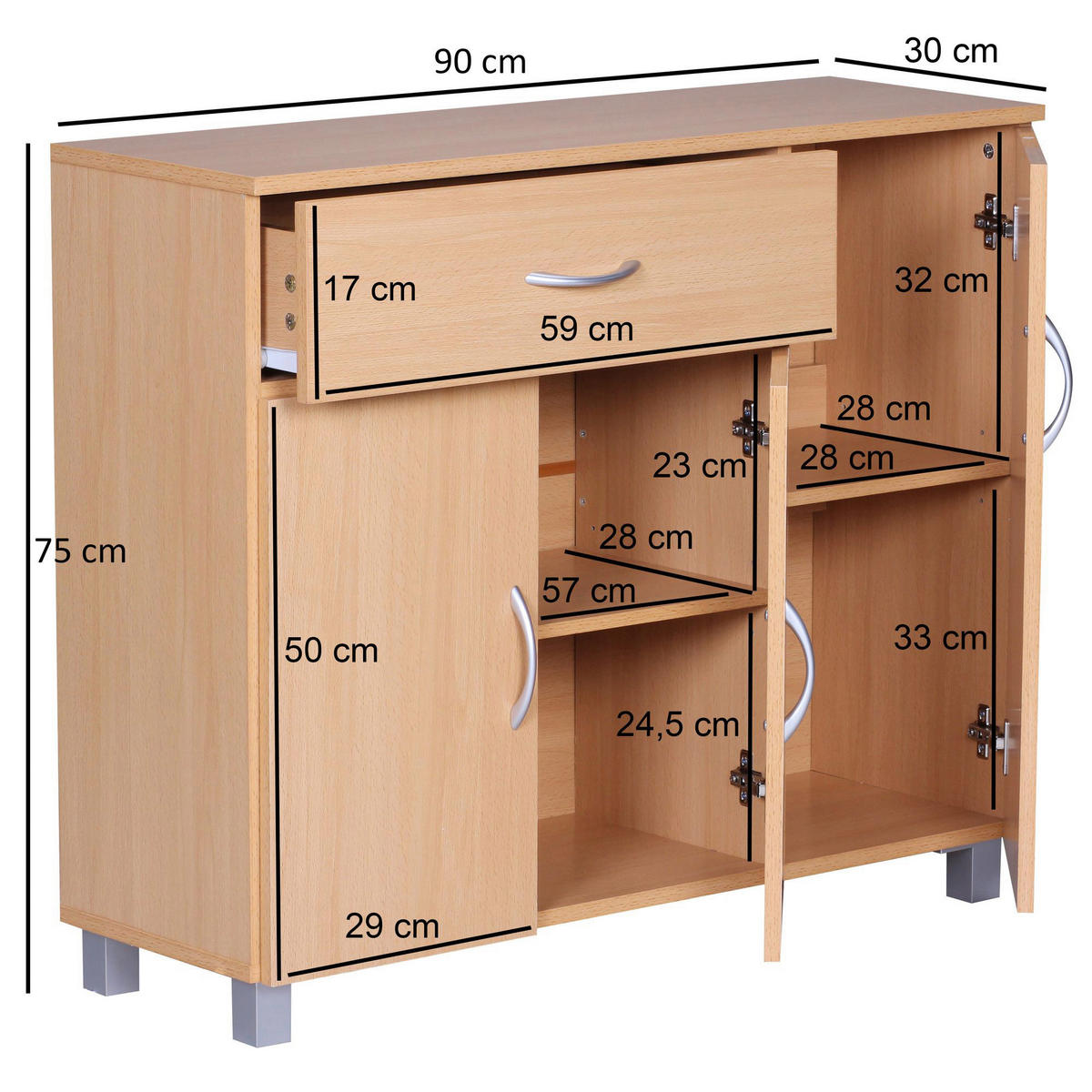 Sideboard buche Nachbildung silber B/H/T: ca. 90x75x30 cm Sideboard - buche/silber (90,00/75,00/30,00cm) - Wohnling