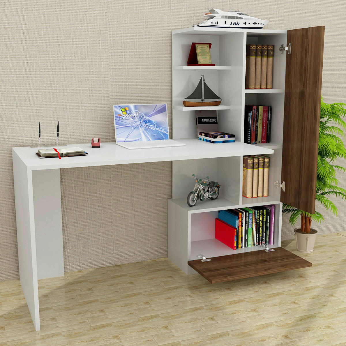 Schreibtisch Merinos weiß walnuss Nachbildung B/H/T: ca. 150x120x62 cm Merinos - weiß/walnuss (150,00/120,00/62,00cm) - moebel17