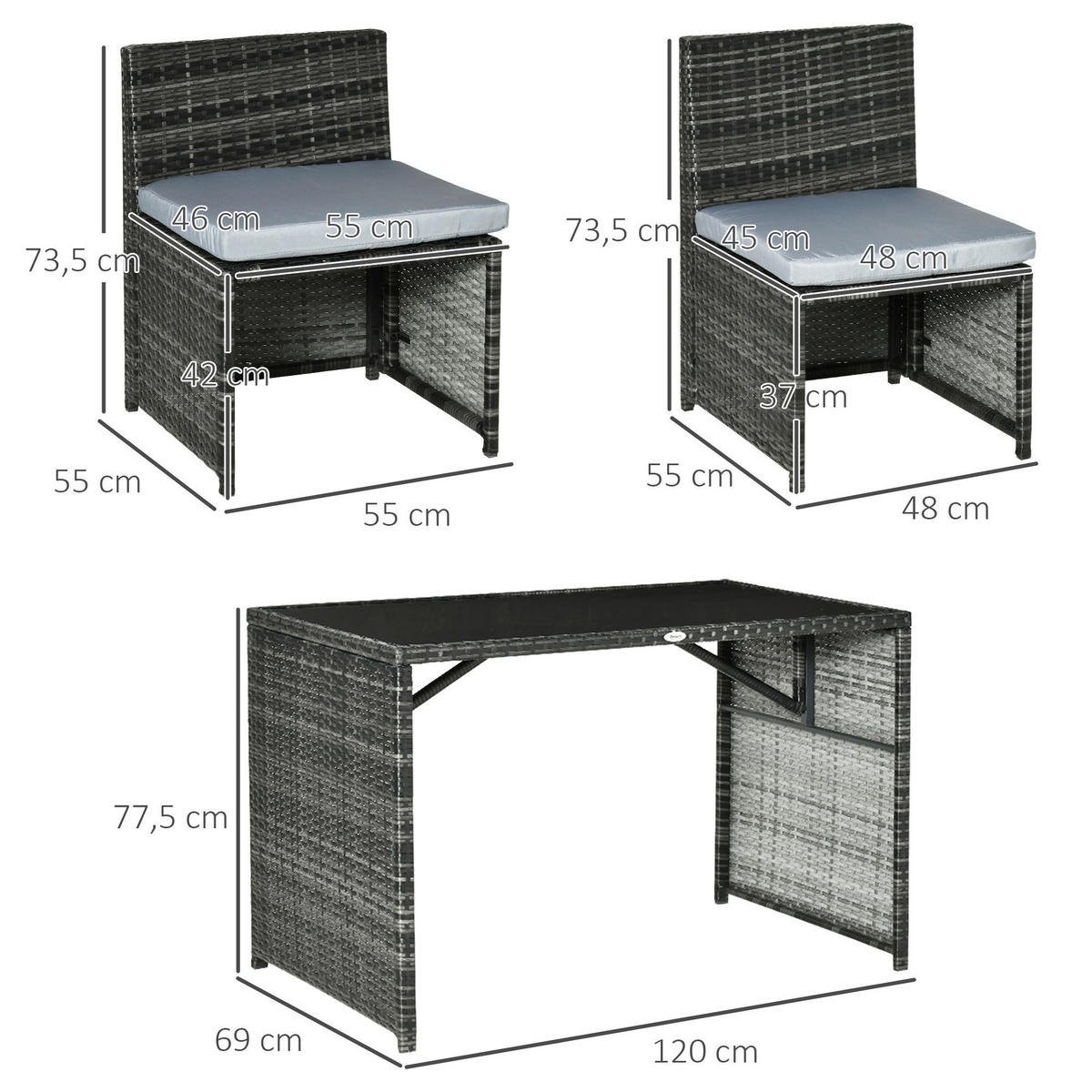 Outsunny Sitzgruppe grau Polypropylen B/H/L: ca. 69x120x77,5 cm Gartenmöbel_Set - grau (77,50/69,00/120,00cm) - Outsunny