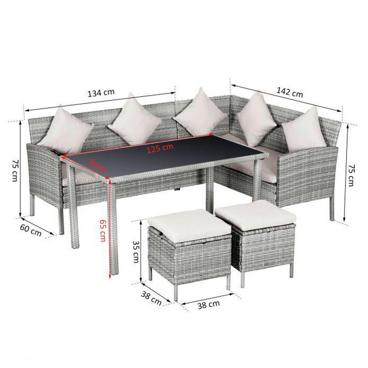 Outsunny Gartensitzgruppe grau Polyrattan B/H/L: ca. 142x75x125 cm Gartensitzgruppe - creme/grau (125,00/142,00/75,00cm) - Outsunny
