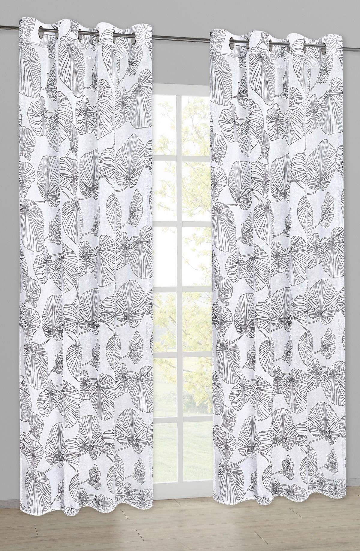 Ösenvorhang Blätter schwarz B/L: ca. 145x245 cm Blätter - weiß/schwarz (145,00/245,00cm) - Happy Home