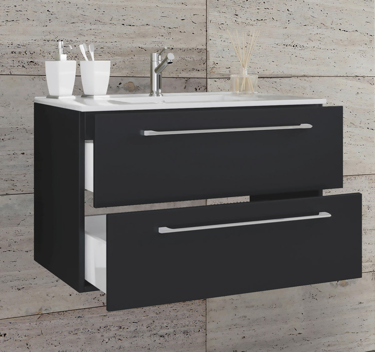Badblock 2tlg-Badinos weiß schwarz B/H/T: ca. 81x51,2x46,4 cm 2tlg-Badinos - weiß/schwarz (81,00/51,20/46,40cm) - VCM Möbel