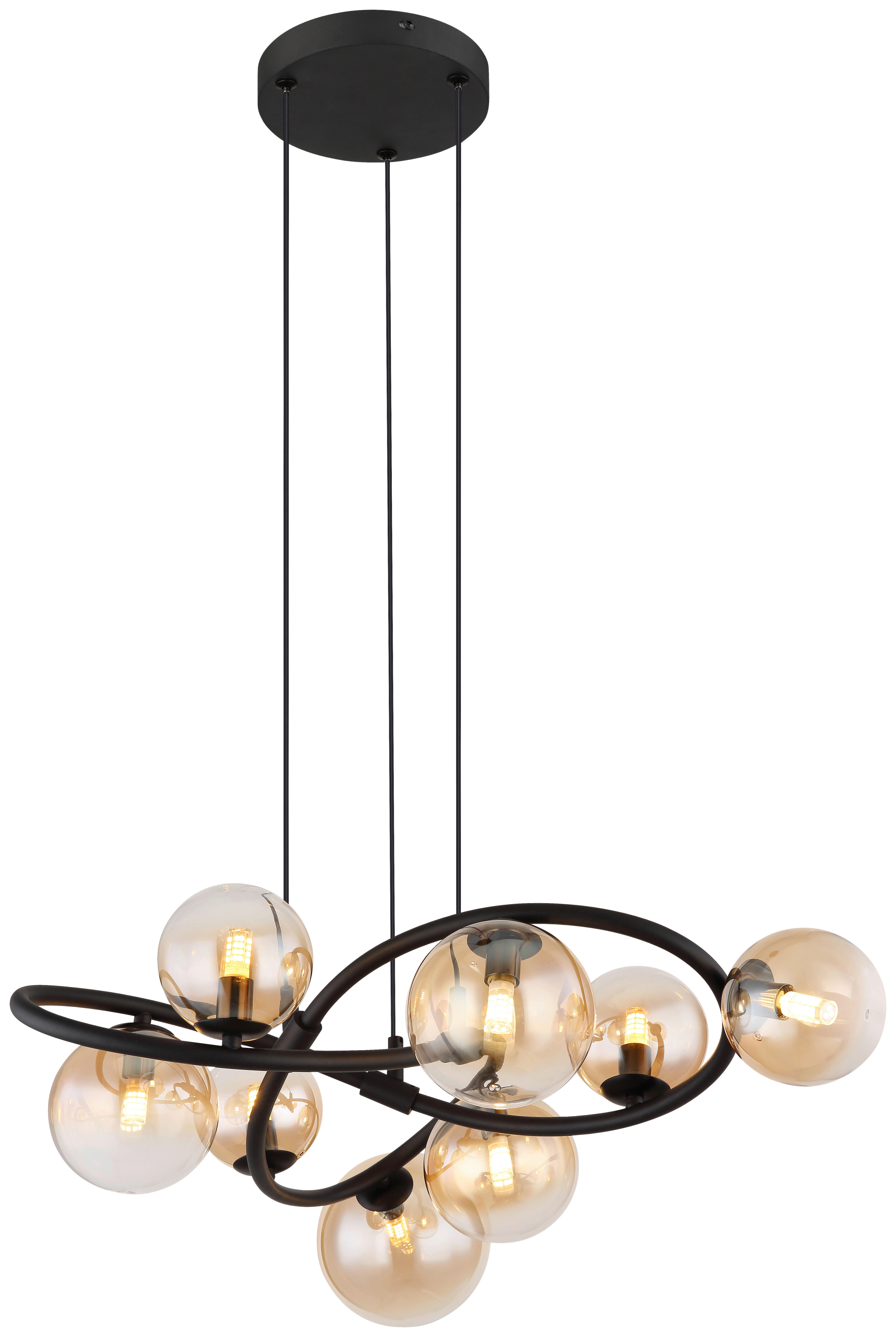 GLOBO LED-Pendelleuchte 10676 mattschwarz amber Metall Glas H/D: ca. 120x65 cm 8.0 Brennstellen