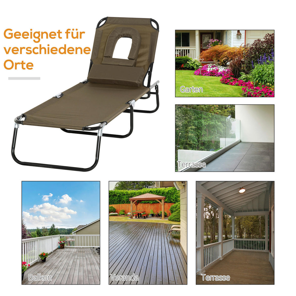 Outsunny Gartenliege mit Gesichtsöffnung braun Metall B/H: ca. 56x28 cm Gartenliege mit Gesichtsöffnung - braun (56,00/28,00cm) - Outsunny
