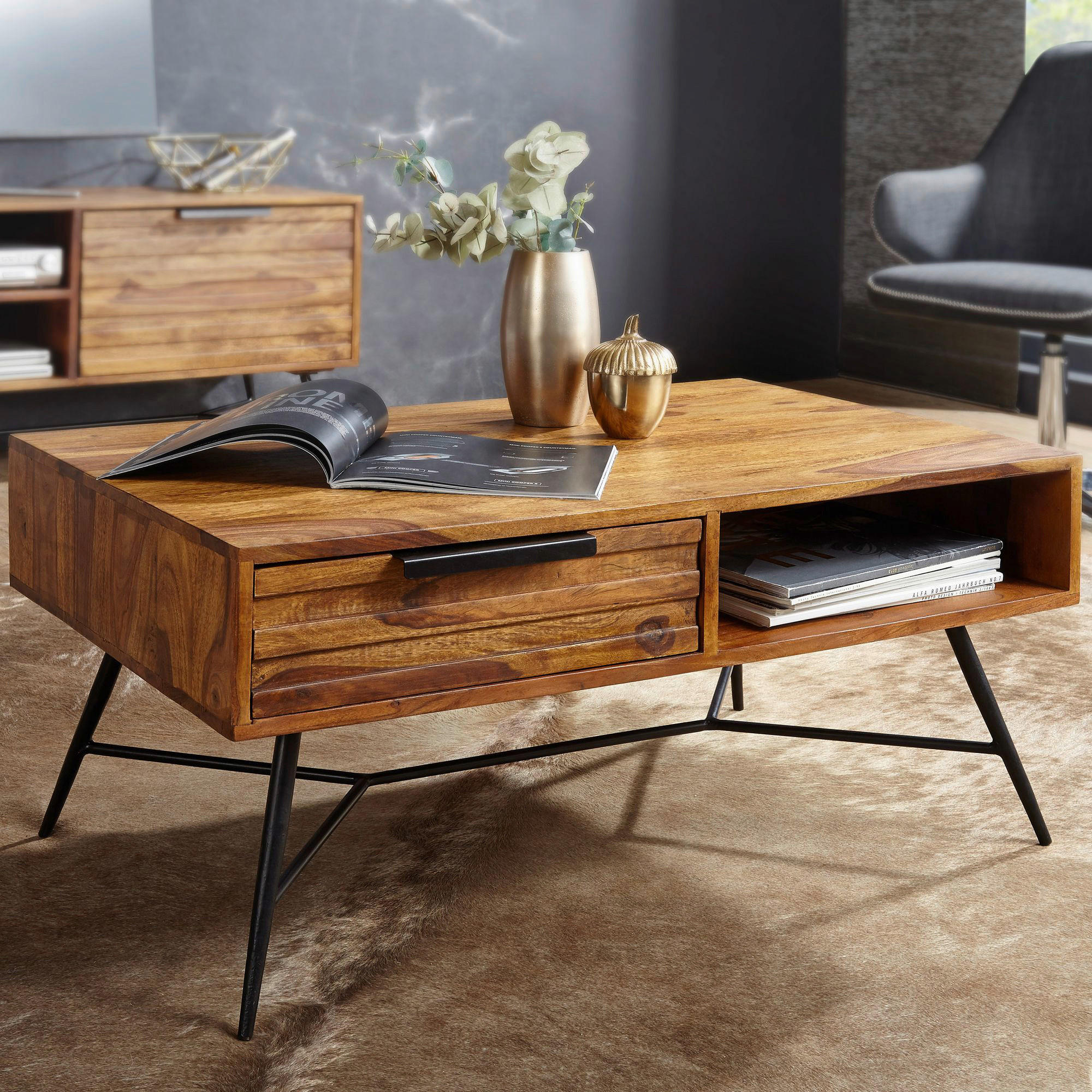 Couchtisch natur schwarz lackiert B/H/T: ca. 87x41x55 cm Couchtisch - natur/schwarz (87,00/41,00/55,00cm) - Wohnling