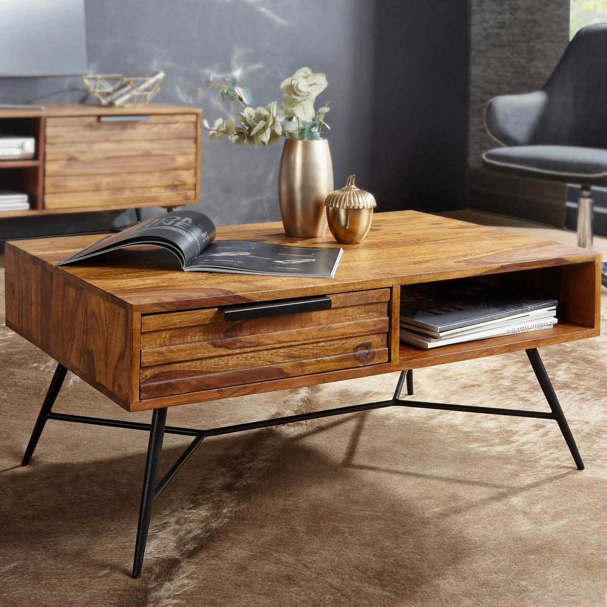 Wohnling Couchtisch natur schwarz Echtholz Metall B/H/T: ca. 87x41x55 cm Couchtisch - natur/schwarz (87,00/41,00/55,00cm) - Wohnling