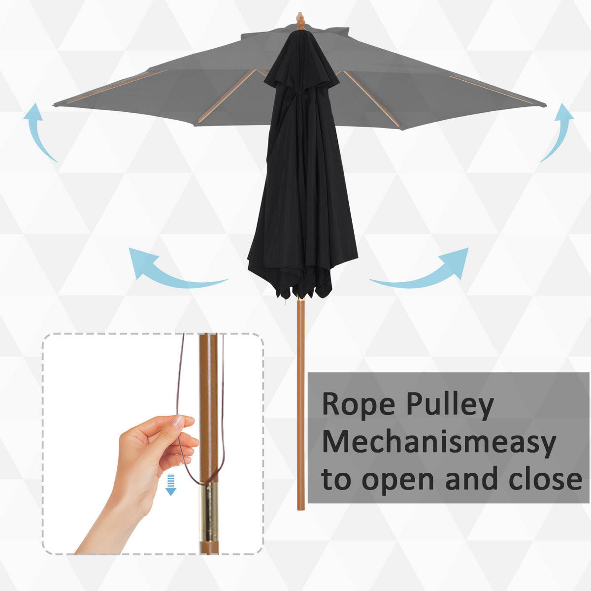Outsunny Sonnenschirm schwarz Bambus H/D: ca. 230x2520 cm Sonnenschirm 3-stufig verstellbar - schwarz (2520,00/230,00cm) - Outsunny