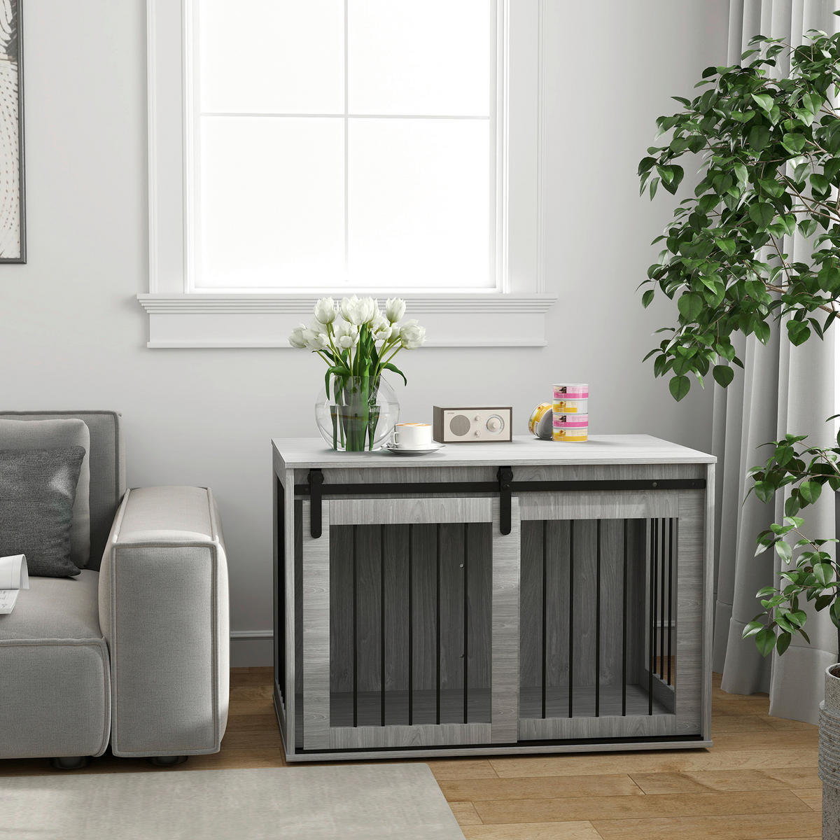 PawHut Hundekäfig grau Spanplatte B/H/L: ca. 58x61x98 cm Hundekäfig - grau (98,00/58,00/61,00cm) - PawHut