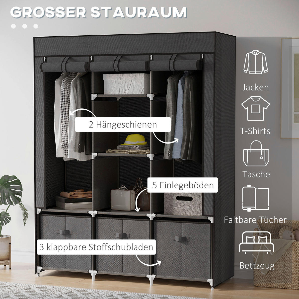 HOMCOM Kleiderschrank dunkelgrau Polypropylen B/H/L: ca. 43x125x162,5 cm Stoffschrank - dunkelgrau (162,50/43,00/125,00cm) - HOMCOM
