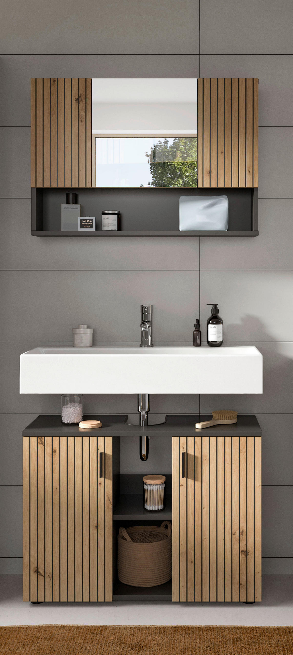 Badezimmer-Set Mone Basalt Nachbildung Artisan Oak Nachbildung B/H/T: ca. 80x180x30 cm Mone - Basalt (80,00/180,00/30,00cm) - xonox.home