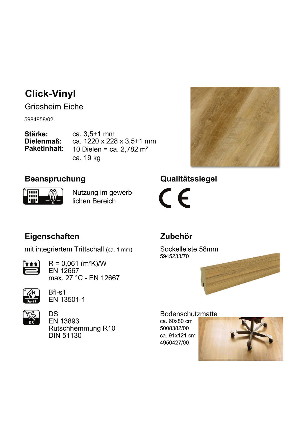 Click-Vinylboden Griesheim ca. 2,782 m² im Paket  B/L: ca. 22,8x122 cm pro Paket Griesheim ca. 2,782 m² im Paket - (22,80/122,00cm)