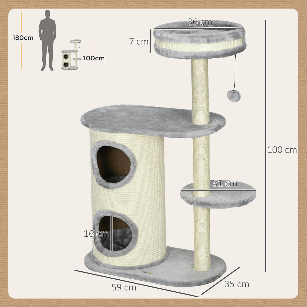PawHut Kratzbaum grau Spanplatte B/H/L: ca. 35x100x59 cm Kratzbaum - grau (59,00/35,00/100,00cm) - PawHut