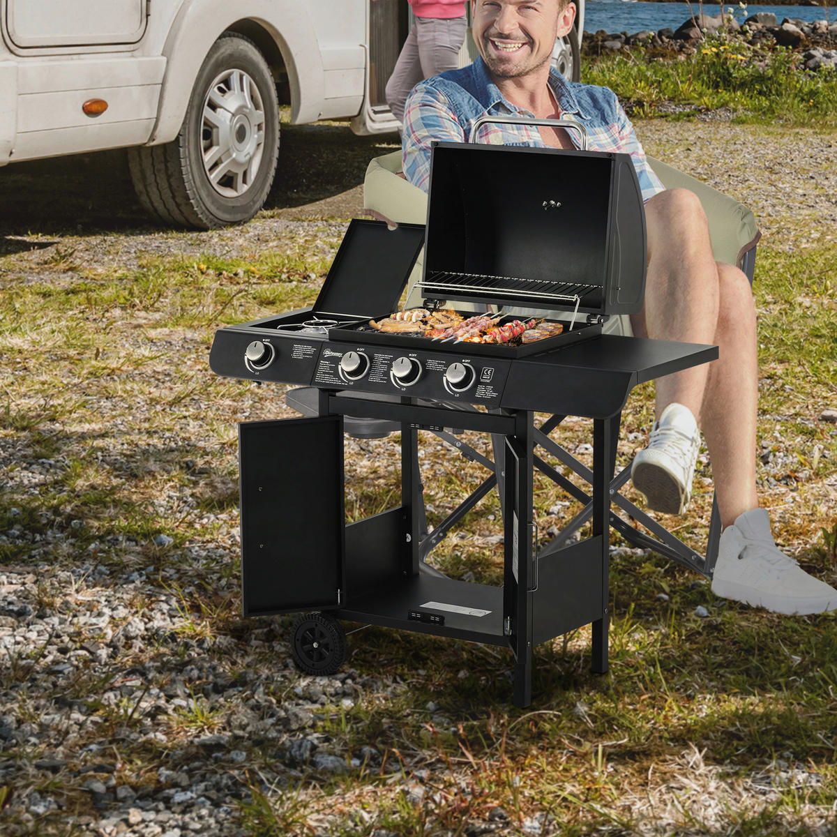 Outsunny Gasgrill Stahl B/H/L: ca. 50x100x110 cm Gasgrill mit Räder - schwarz (110,00/50,00/100,00cm) - Outsunny