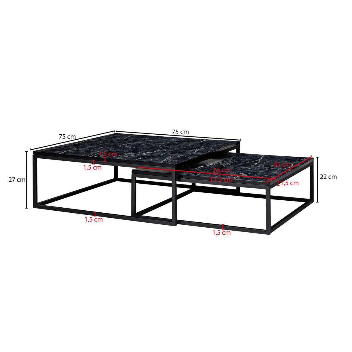Couchtisch 2er-Set. schwarz Marmor Optik schwarz lackiert 2er-Set. - schwarz - Wohnling