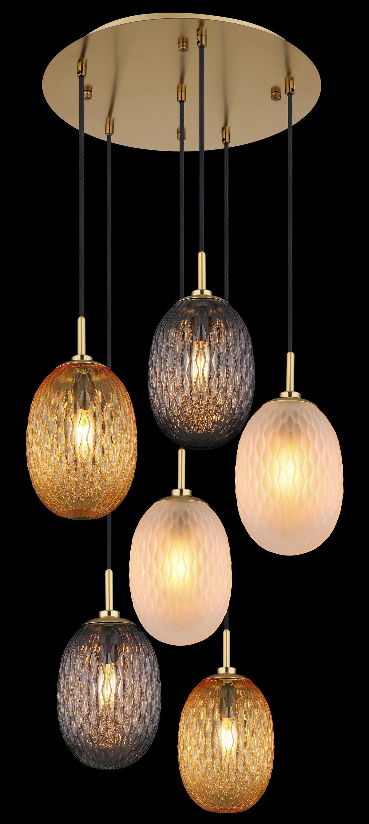 GLOBO Pendelleuchte Rauch gold schwarz Metall Glas Textil H/D: ca. 120x47 cm E14 6 Brennstellen DEVIN - gold/schwarz (47,00/120,00cm) - GLOBO
