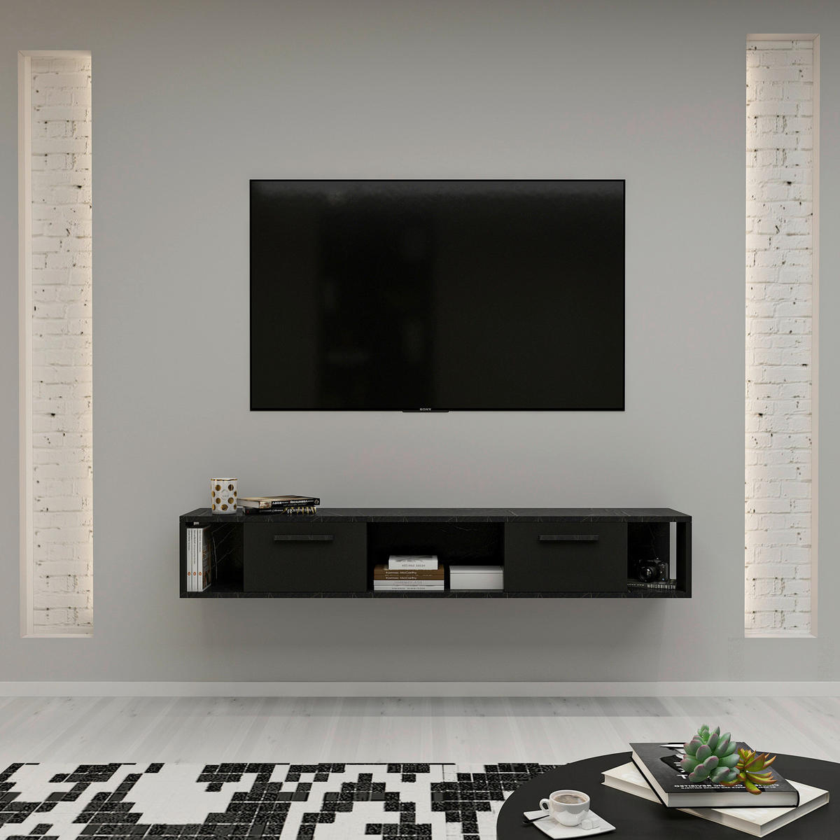 TV-Lowboard Aldora schwarz Marmoroptik B/H/T: ca. 160x30x30 cm Aldora - schwarz/Marmoroptik (160,00/30,00/30,00cm) - moebel17
