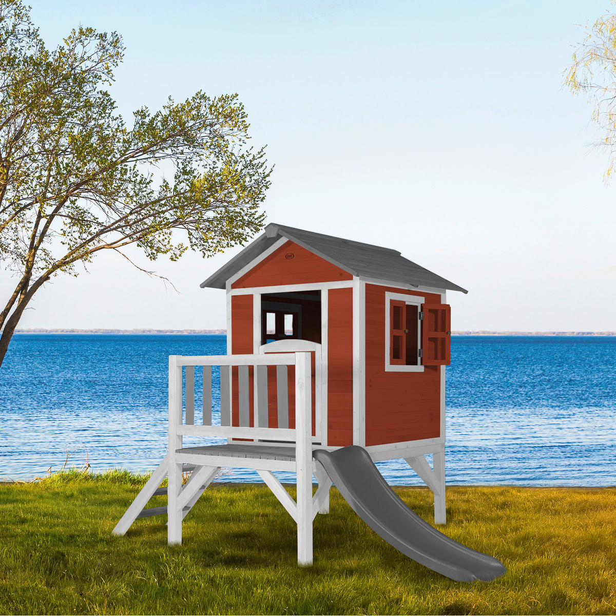 AXI Spielhaus Lodge XL rot B/H/L: ca. 240x189x167 cm Lodge XL - rot/grau (167,00/240,00/189,00cm) - AXI