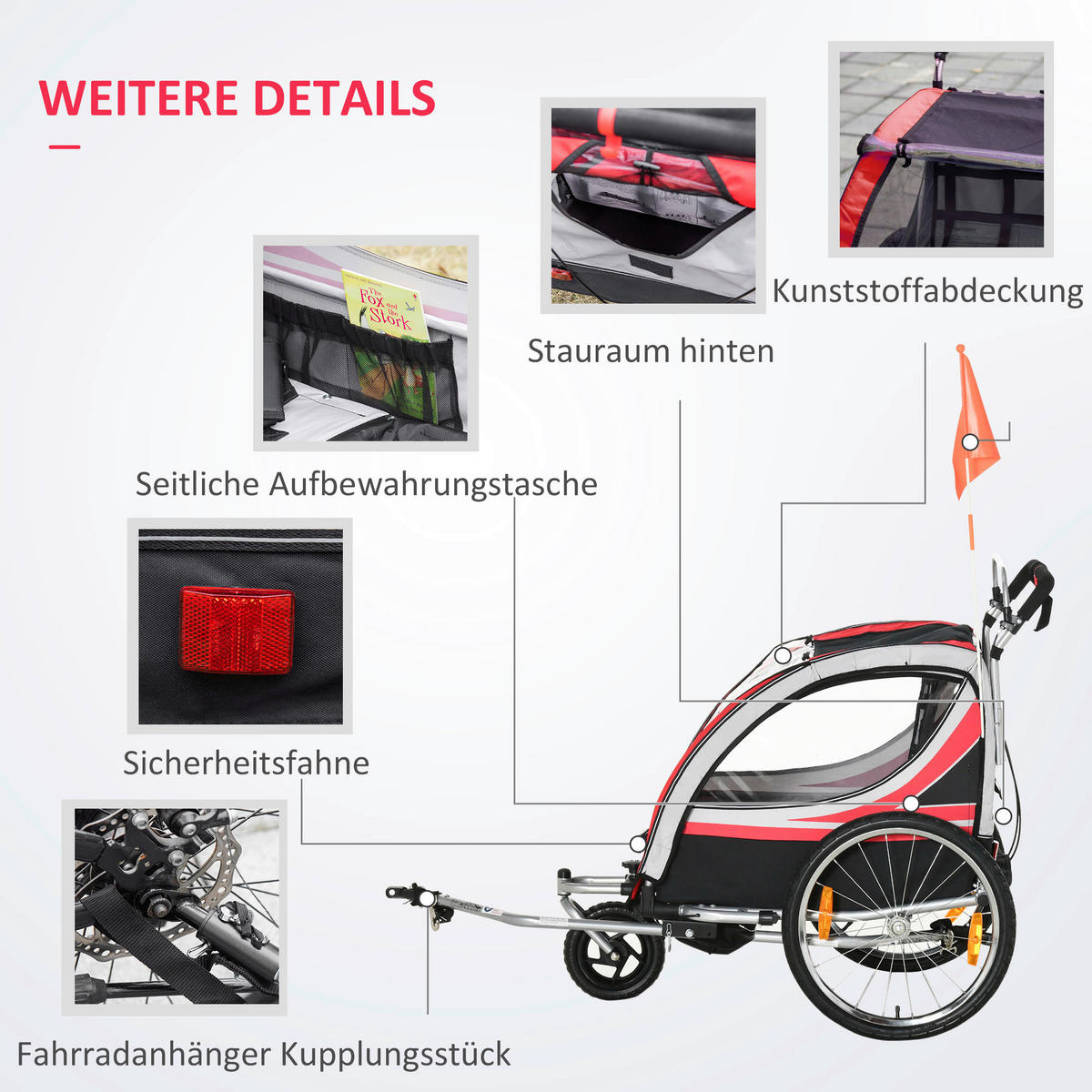 HOMCOM Fahrradanhänger schwarz schwarz B/H/L: ca. 75x142x101 cm Kinderanhänger - rot/schwarz (101,00/75,00/142,00cm) - HOMCOM