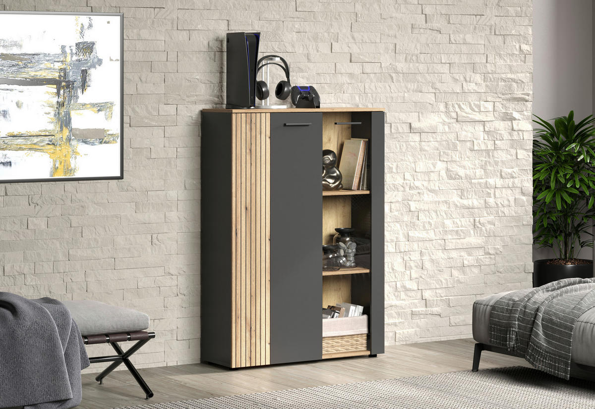 Vitrine Esteban anthrazit Eiche Evoke Coast Nachbildung B/H/T: ca. 90x132x34 cm Esteban - Eiche/anthrazit (90,00/132,00/34,00cm)