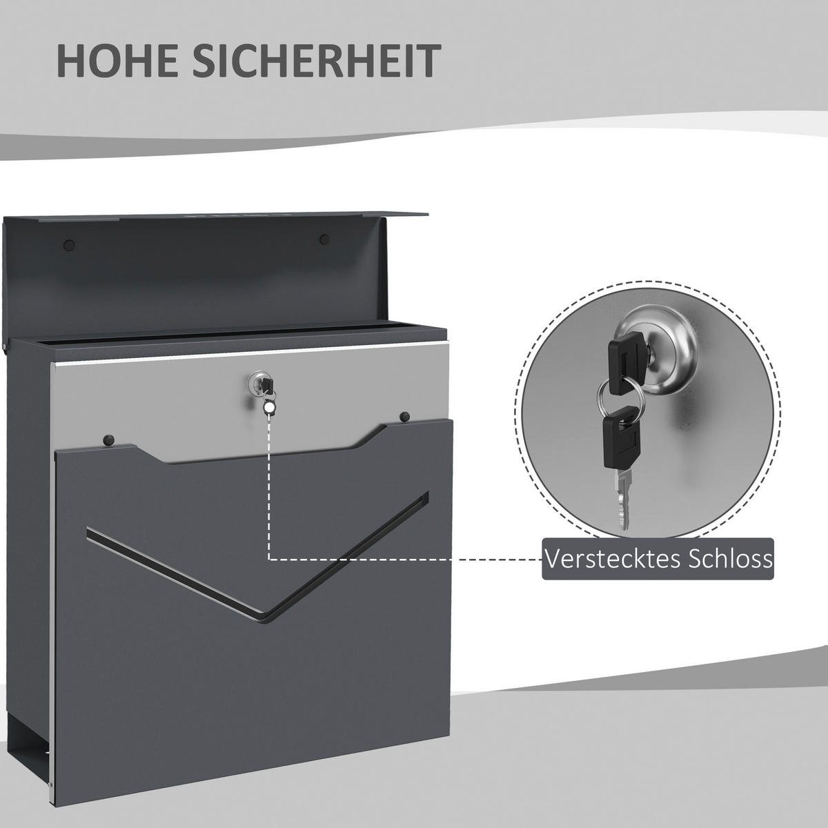 HOMCOM Briefkasten dunkelgrau B/H/L: ca. 10,5x37x37 cm Briefkasten - dunkelgrau (37,00/10,50/37,00cm) - HOMCOM